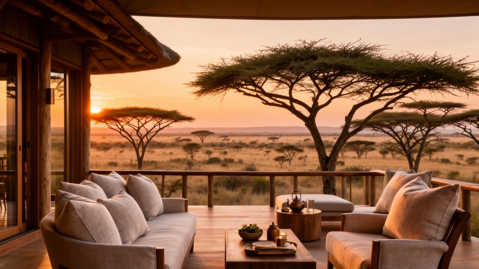 Luxury safari lodge terrace overlooking the African savanna at sunset